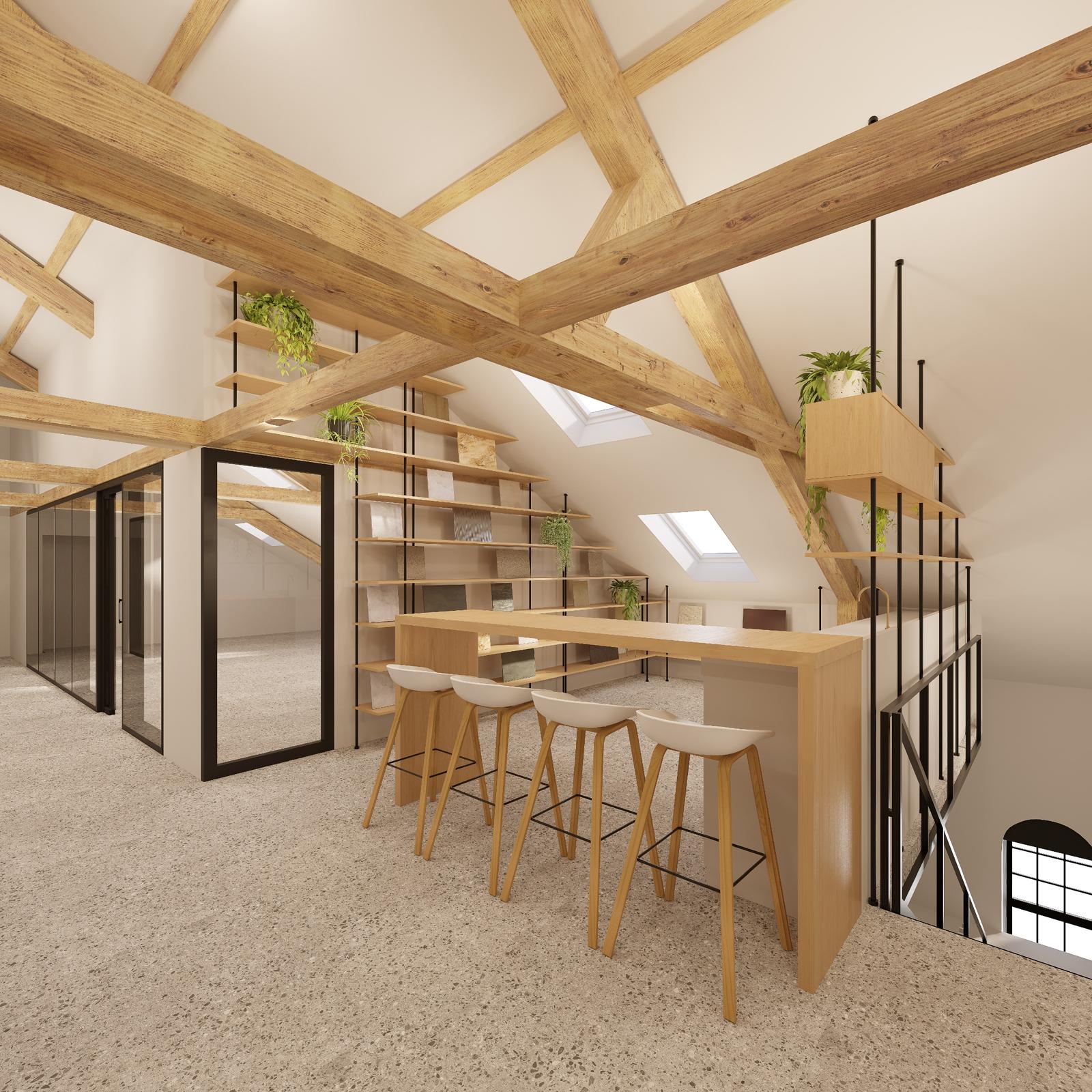 Mansardă AI17 HUB — open space cu grinzi originale din 1906